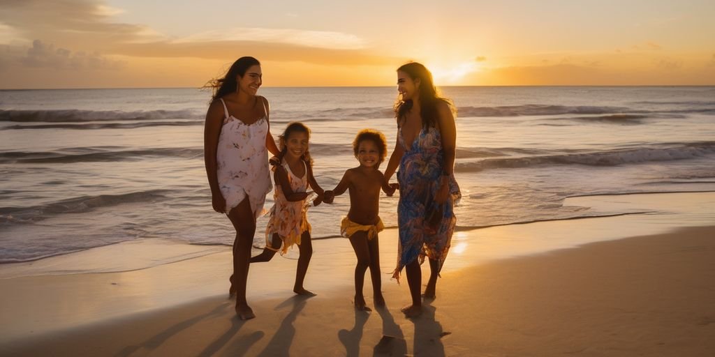 Brazilian woman smiling family beach sunset
