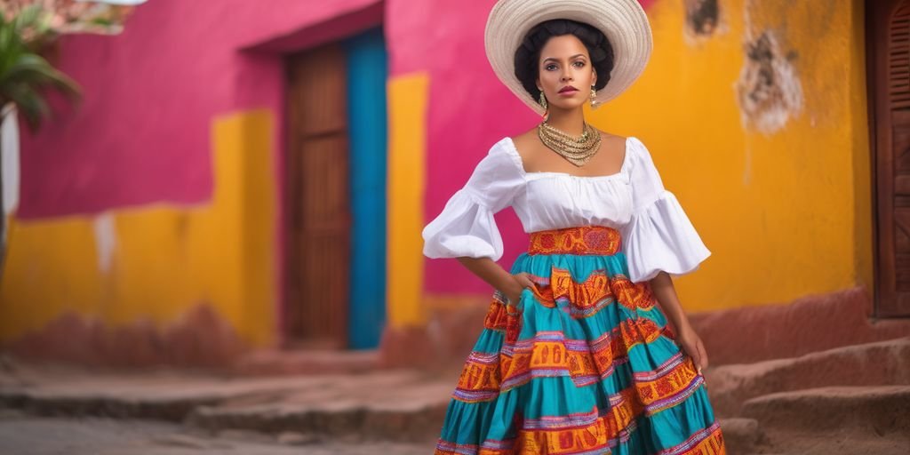 Dominican woman traditional dress colorful background