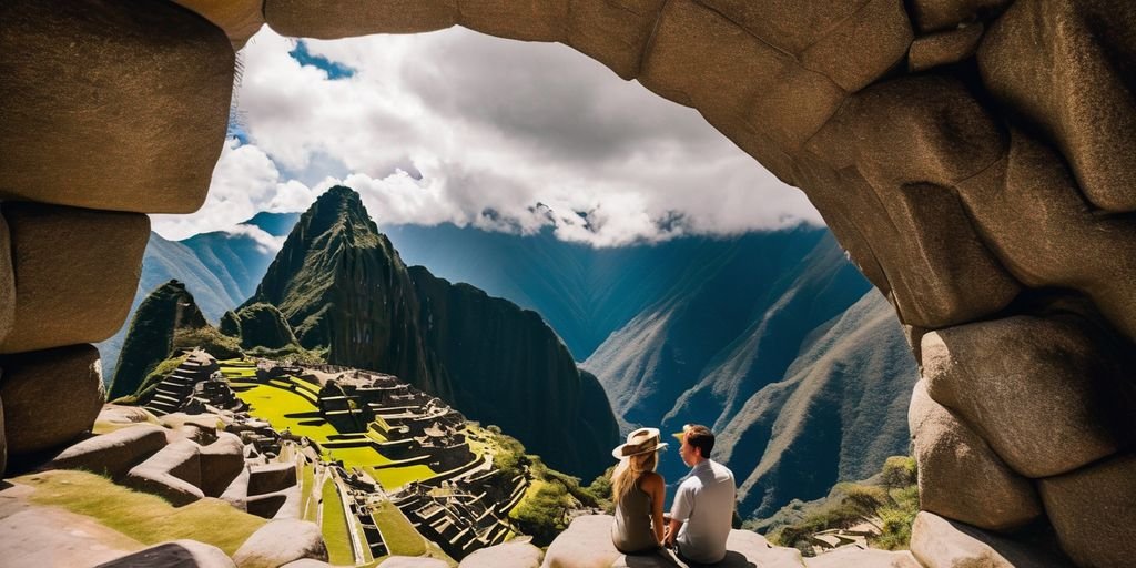 romantic couple exploring Machu Picchu