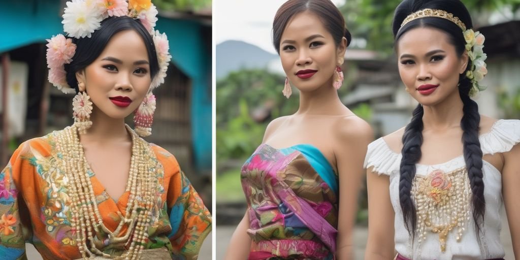 Filipina woman in traditional dress in rural Philippines and Filipina woman in modern attire in urban Manila