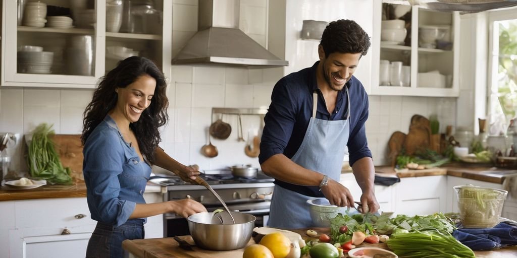 South American couple cooking together in kitchen