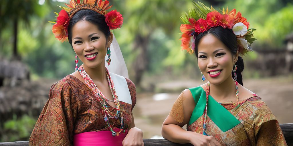 Filipina women in traditional and modern outfits in urban and rural settings