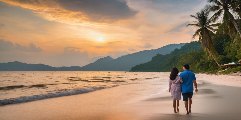 romantic couple enjoying sunset on a beach in Malaysia