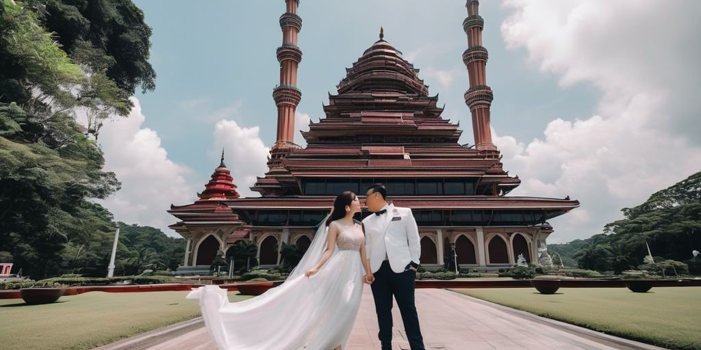 Malaysian couple in love at iconic Malaysian landmark