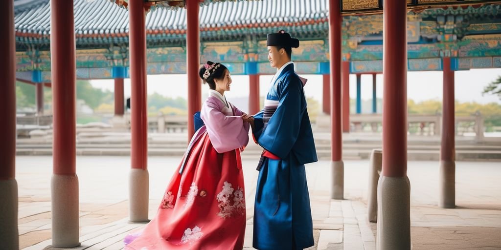 young South Korean couple dating in traditional Hanbok at Gyeongbokgung Palace