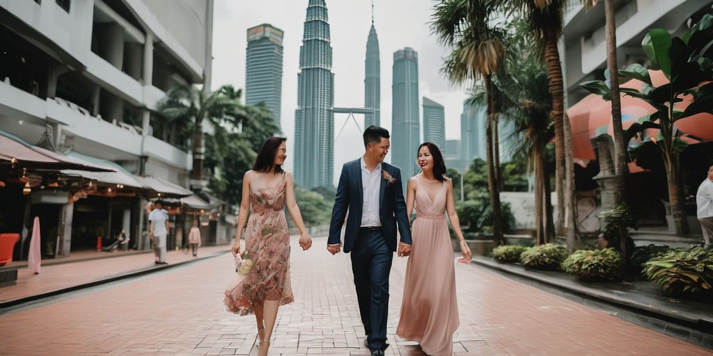 romantic couple walking hand in hand in Kuala Lumpur Malaysia