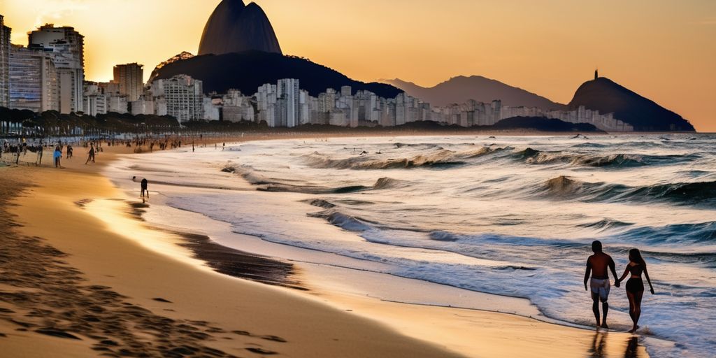 couple walking on Copacabana beach Rio de Janeiro sunset