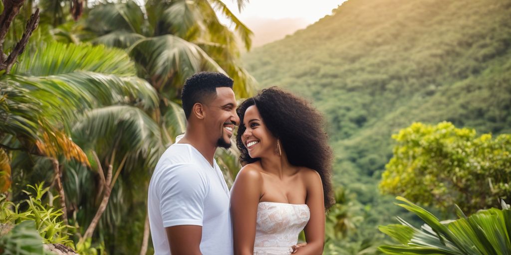 Dominican couple smiling together in a scenic location