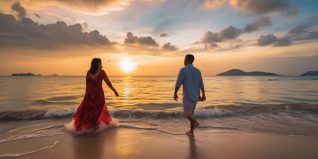 romantic couple enjoying sunset on a beach in Malaysia