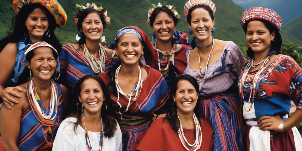 South American women smiling together in traditional clothing