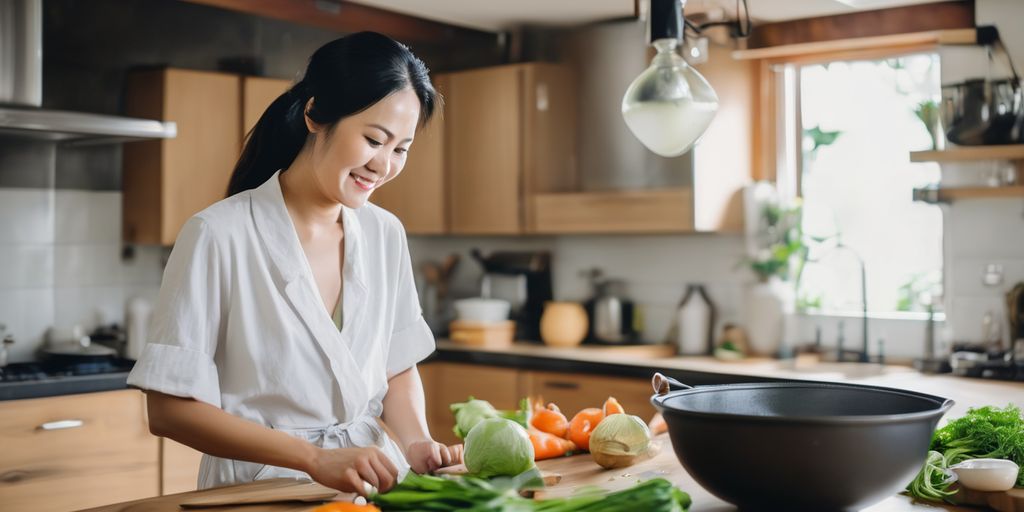 Asian woman cooking in a modern kitchen