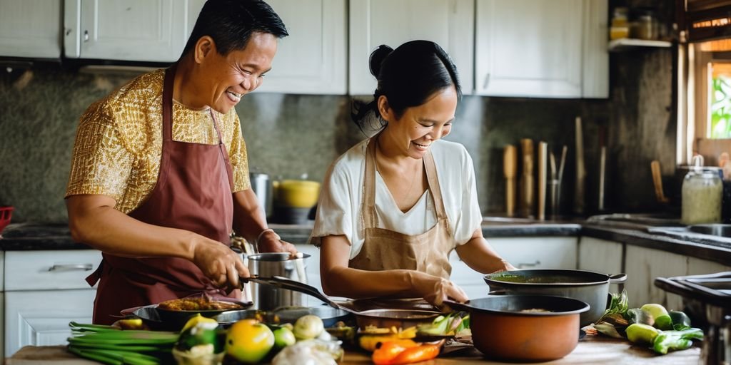 Filipina couple cooking traditional food in Cebu kitchen