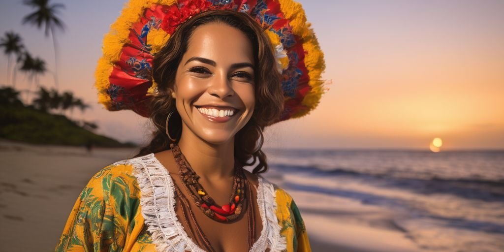 Brazilian woman smiling traditional clothing beach sunset