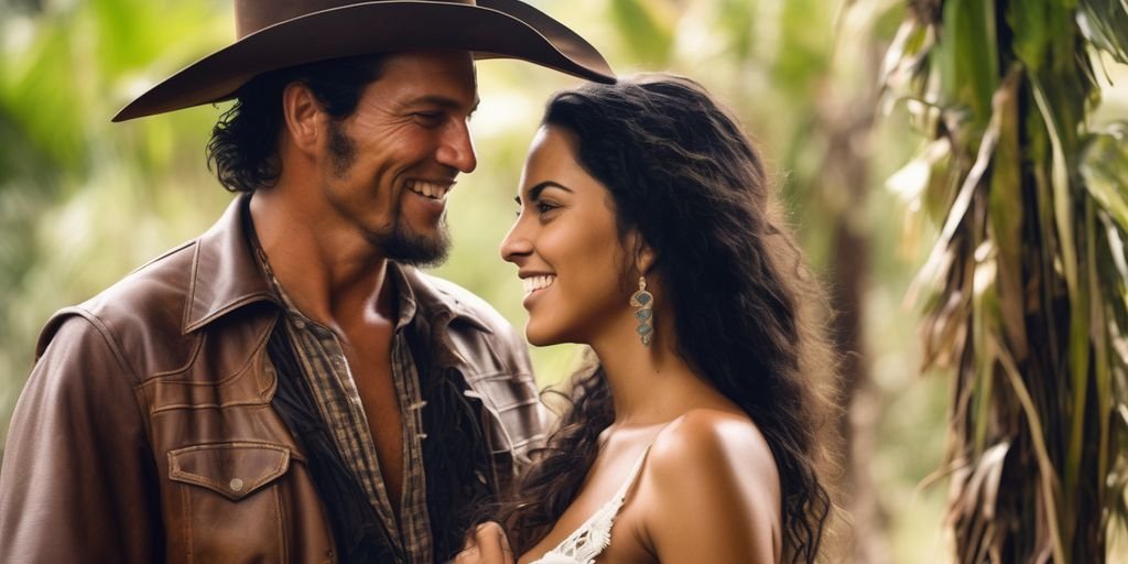 Western man and Brazilian woman together, cultural exchange, romantic setting