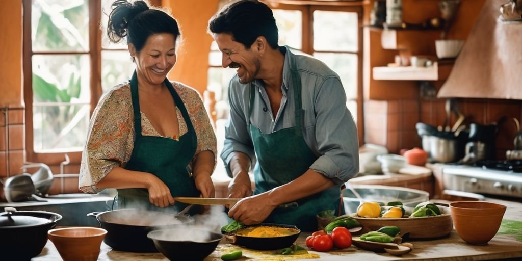 couple cooking together in a South American kitchen