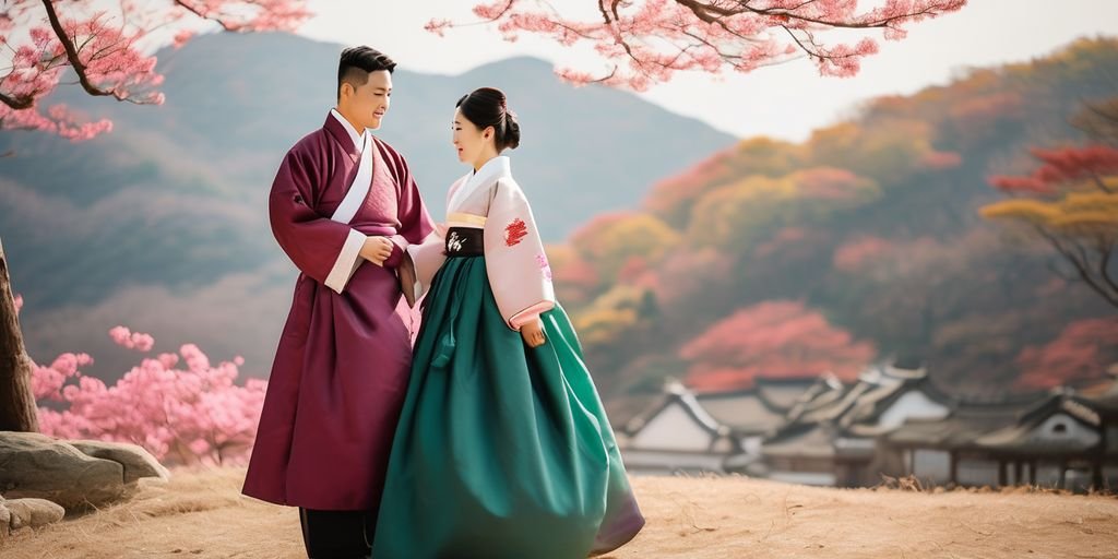 South Korean couple in traditional Hanbok clothing with a romantic background