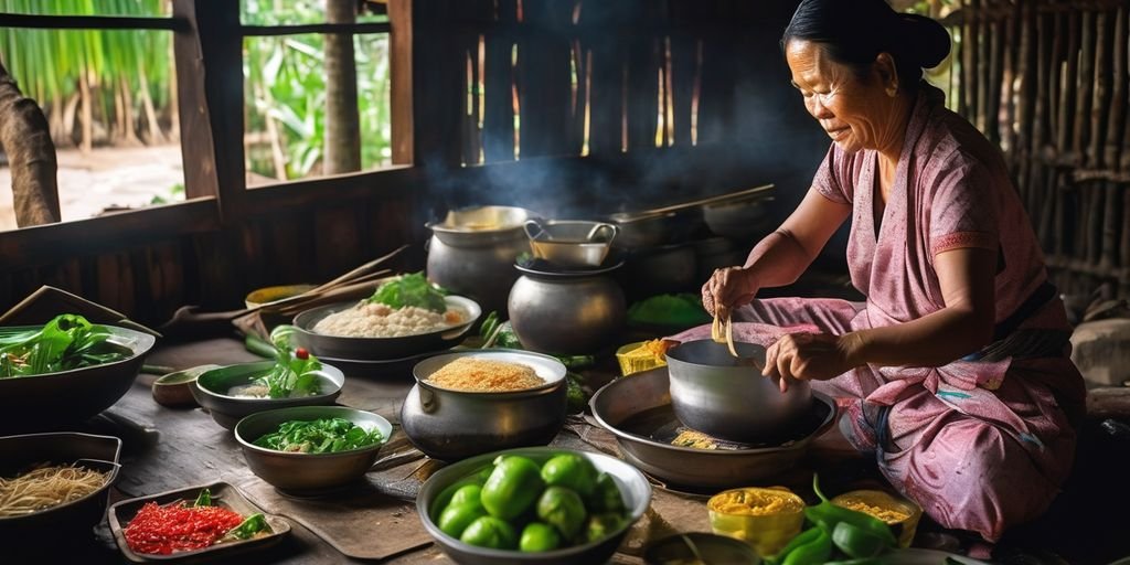 Thai woman cooking traditional Thai food in a kitchen