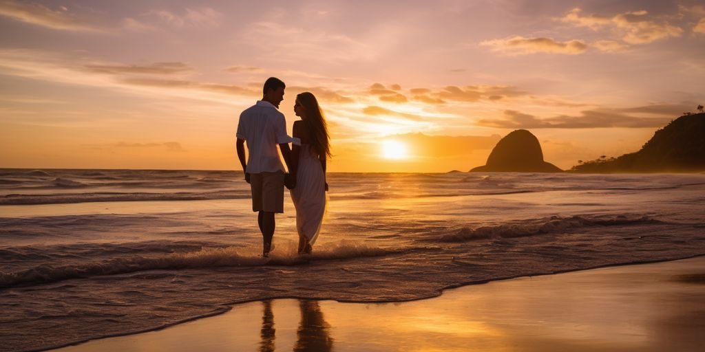 romantic couple on Brazilian beach sunset
