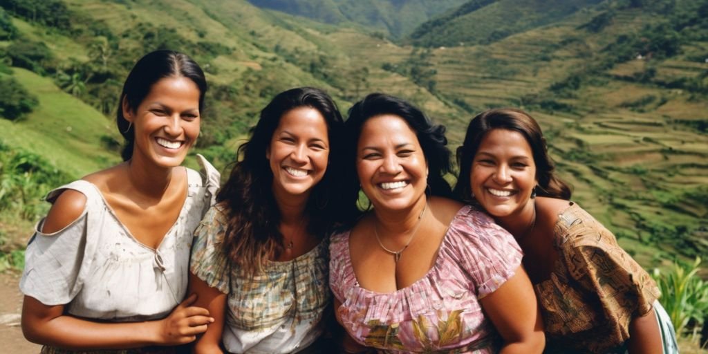 South American women smiling together in a scenic landscape