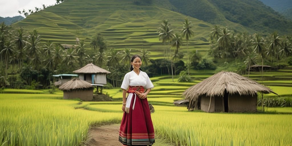 Filipina woman in traditional dress in rural Philippine landscape
