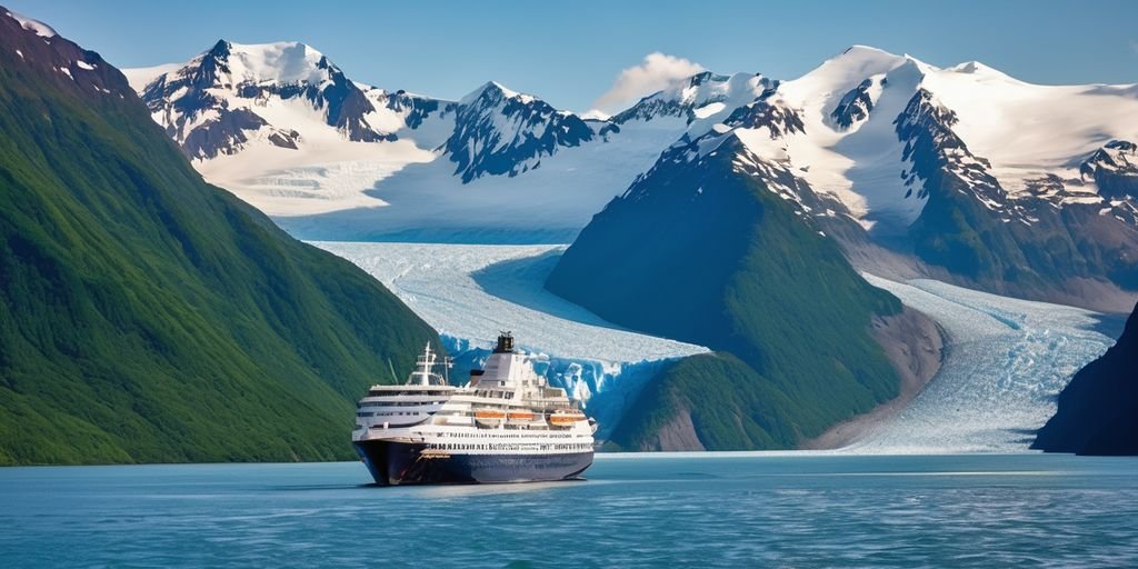 cruise ship sailing in Alaska with mountains and glaciers