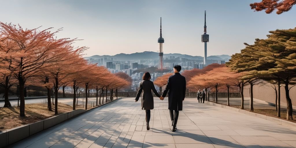 couple walking hand in hand in Seoul with Namsan Tower in background