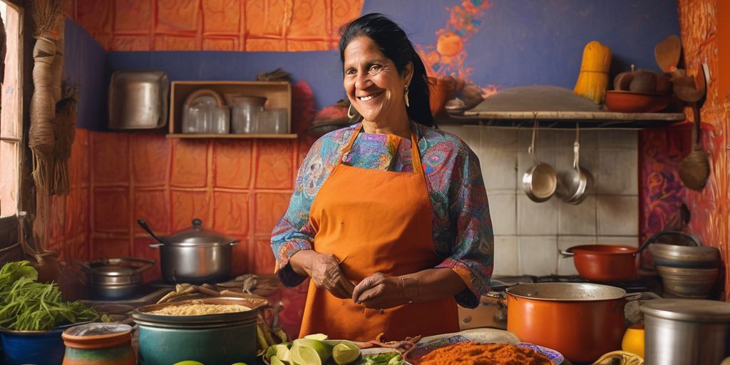 South American woman cooking traditional dish in a vibrant kitchen