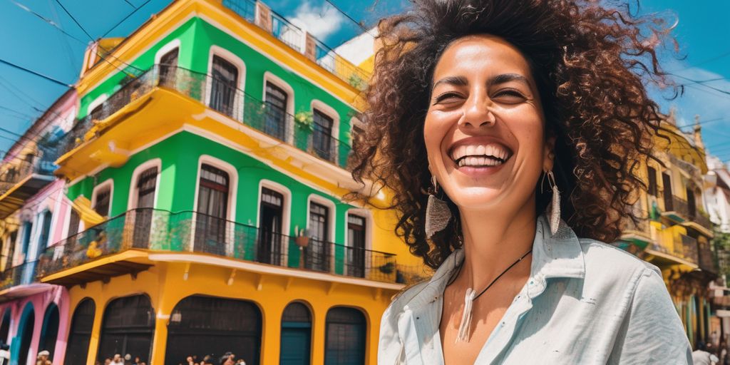 happy South American woman in a vibrant city