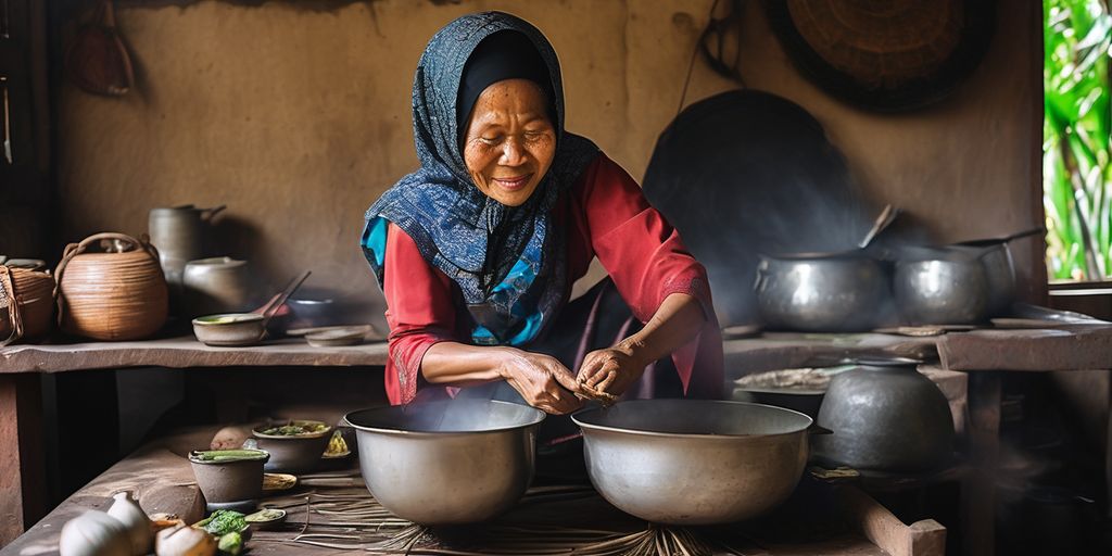 Indonesian woman cooking traditional food in a kitchen