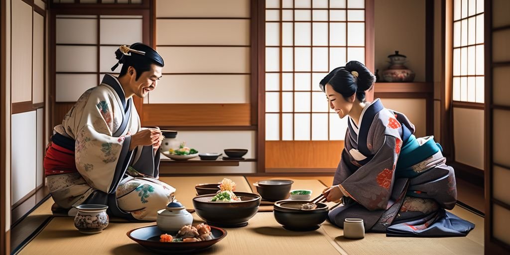 Japanese couple in traditional clothing enjoying a meal in a cozy home setting