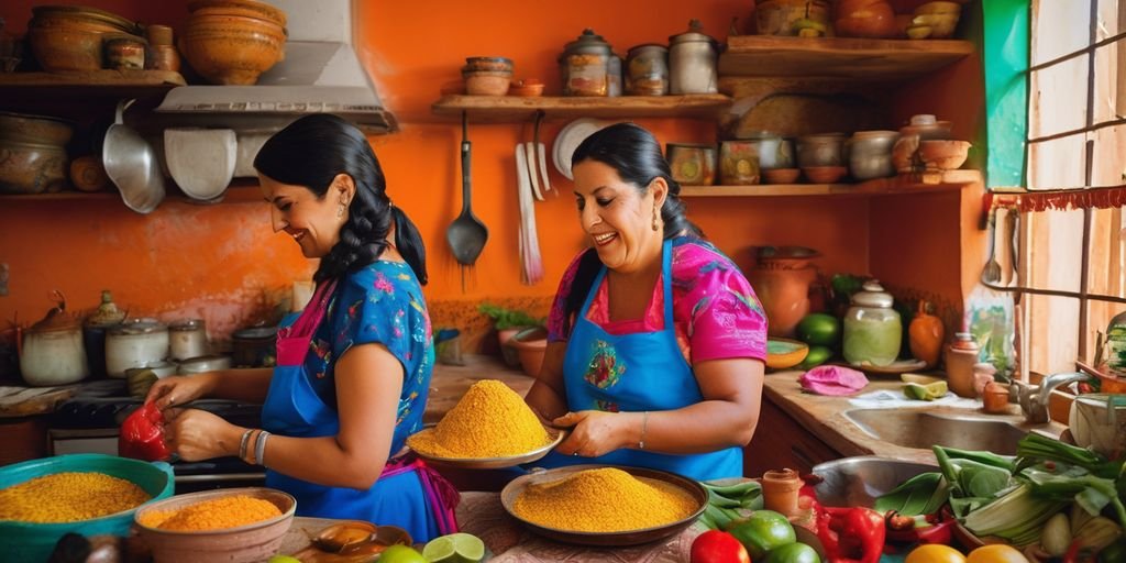 Mexican women cooking traditional food in a vibrant kitchen
