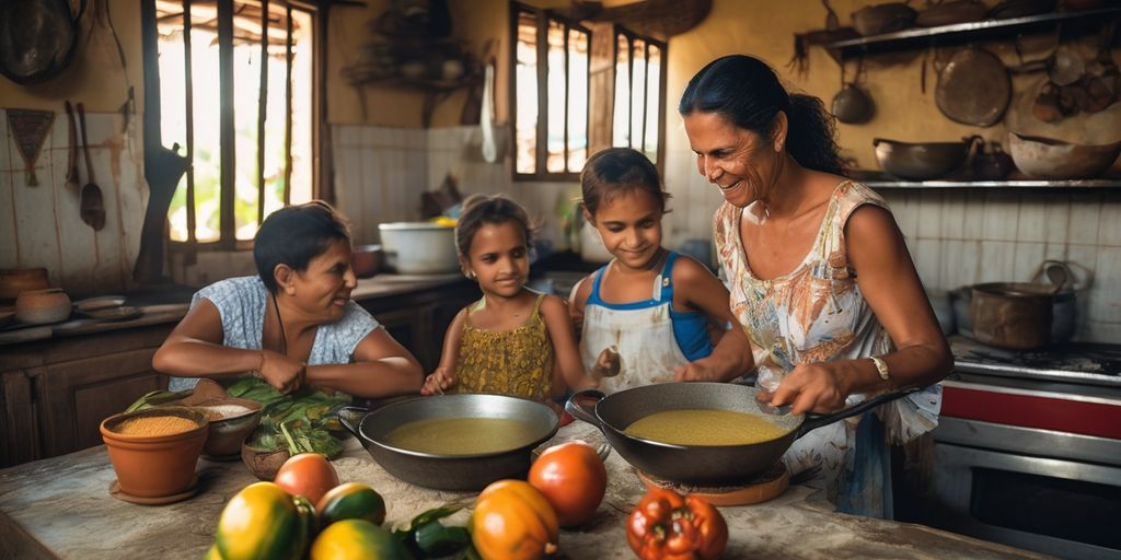 Brazilian woman cooking with family in a traditional kitchen