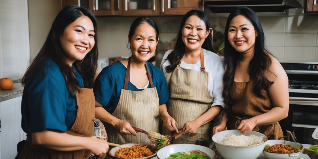 Filipina and Thai women cooking together in a kitchen