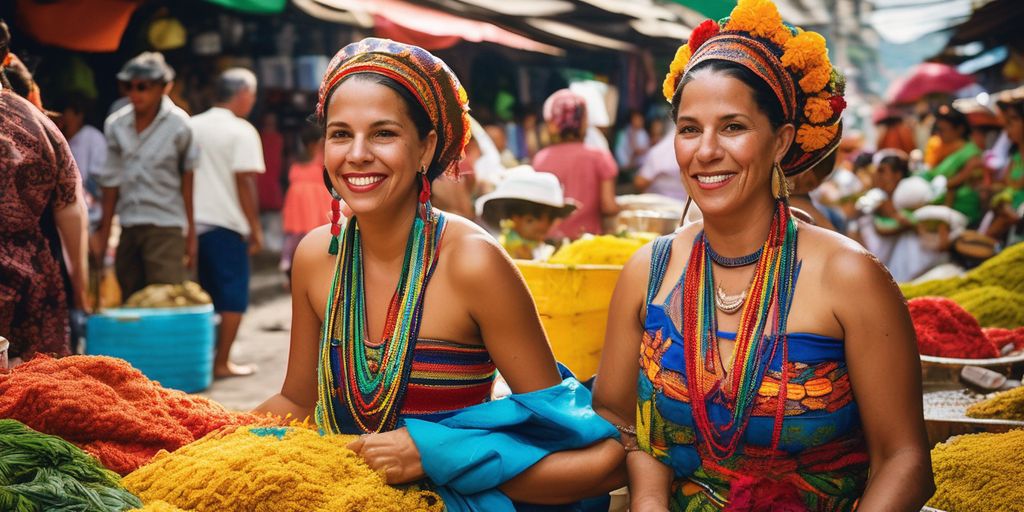 Brazilian women in traditional clothing in a vibrant street market