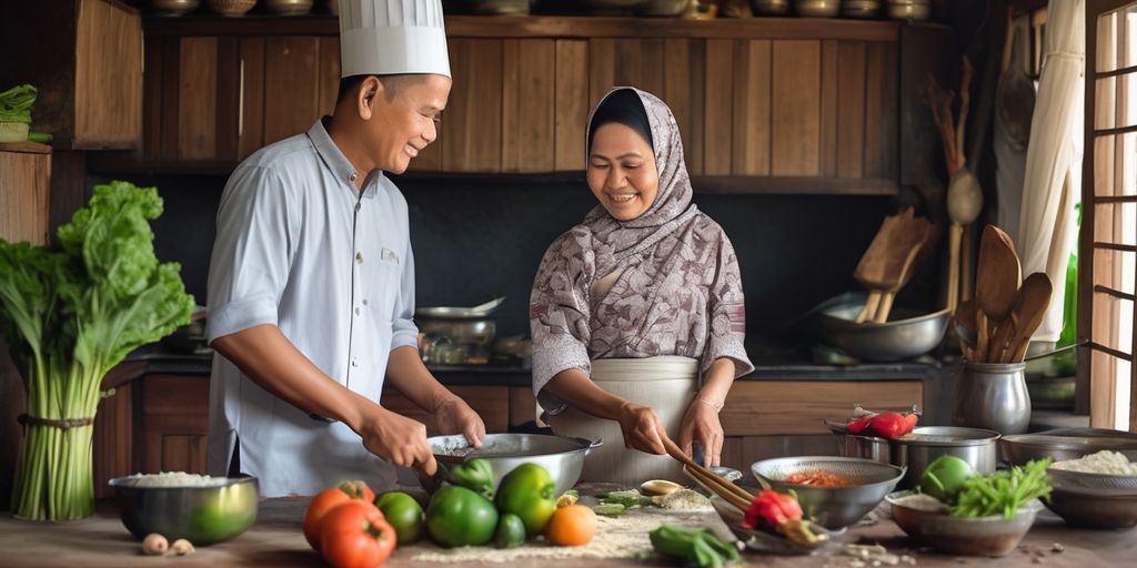 Indonesian couple cooking together in a traditional kitchen