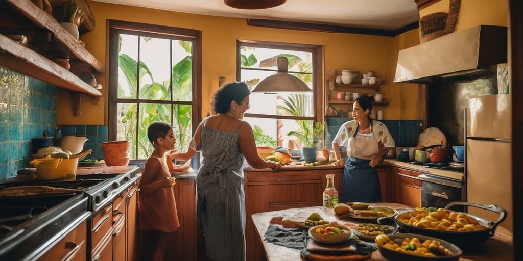 Brazilian woman cooking with family in a cozy kitchen