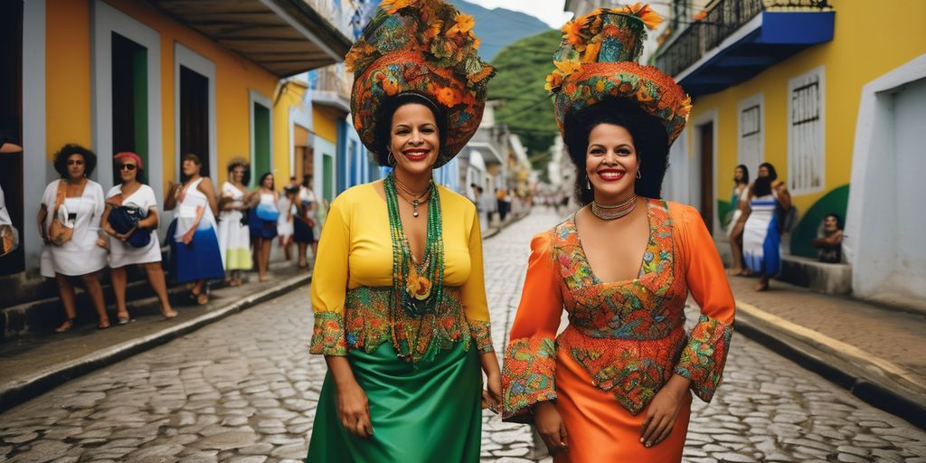 Brazilian women in traditional attire on a vibrant street in Rio de Janeiro