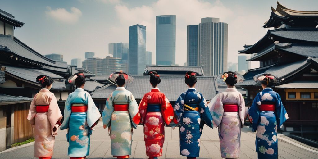 Japanese women in traditional clothing in a cityscape