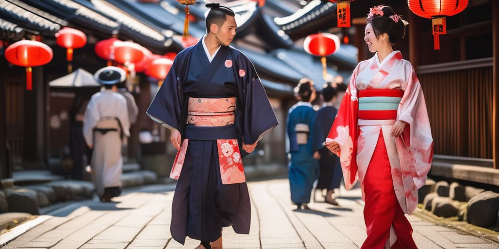 young couple in traditional Japanese attire exploring city