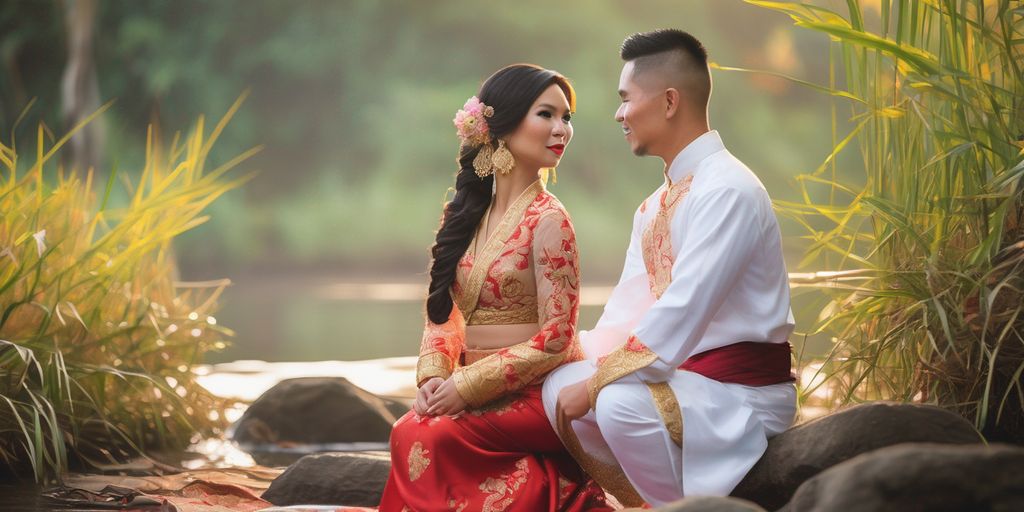 romantic couple in traditional Filipino and Thai attire