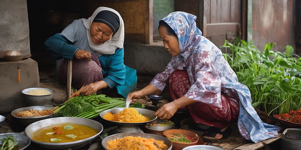 Indonesian women cooking traditional dishes in various city settings