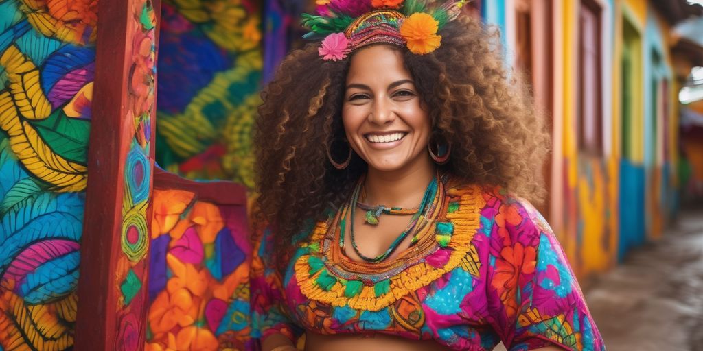 Brazilian woman smiling in a vibrant cultural setting