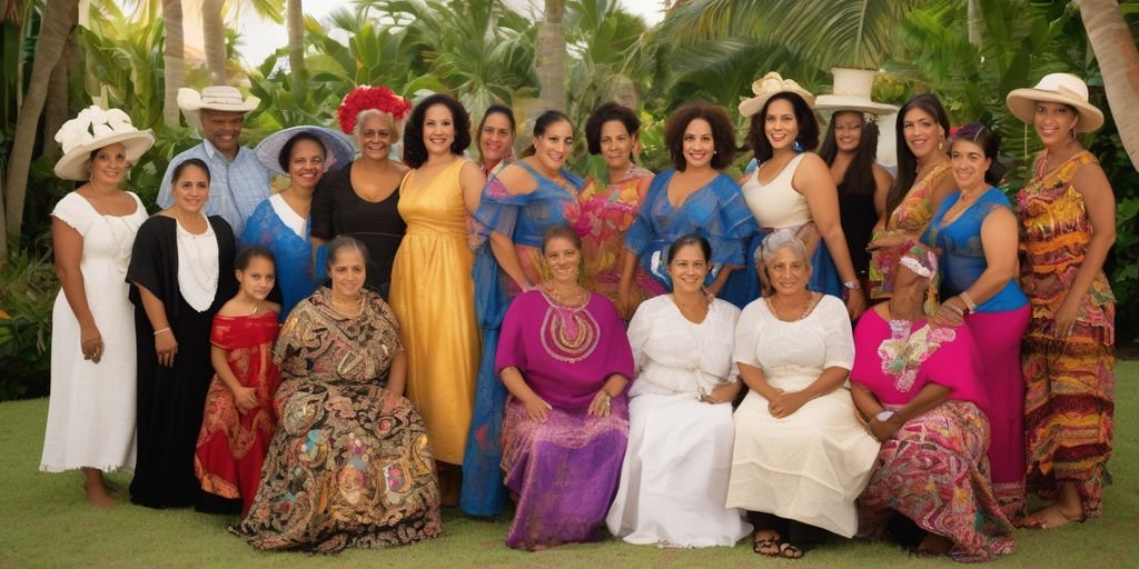 Dominican and Puerto Rican women with family, cultural setting, traditional clothing, family gathering