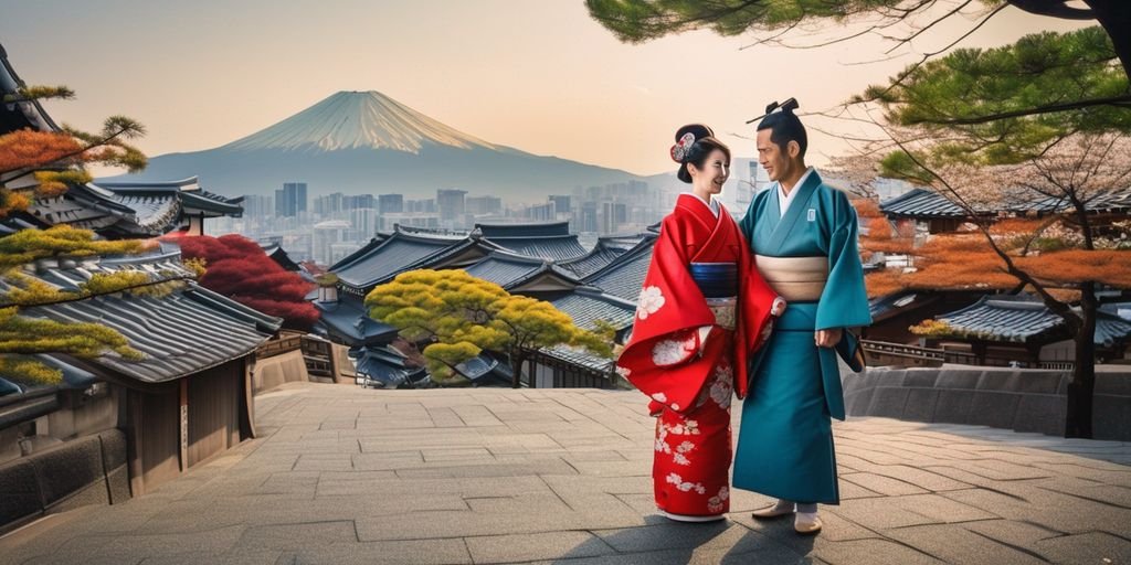 Japanese couple in traditional clothing in a cityscape