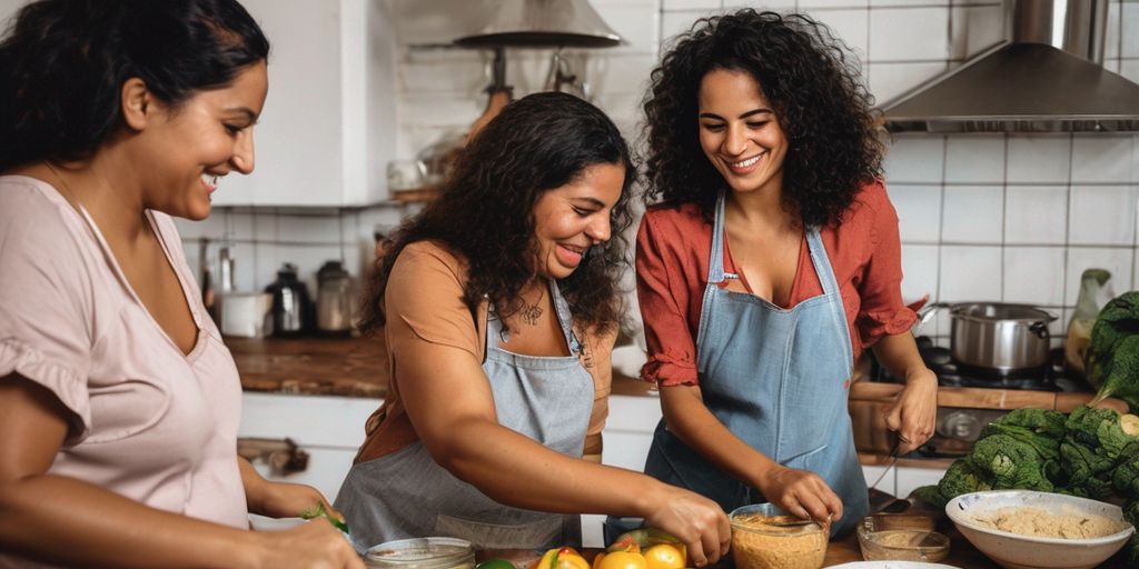 Brazilian and Colombian women cooking together in a kitchen