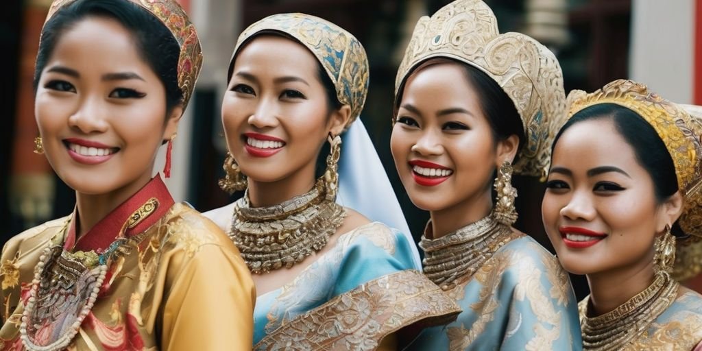 Indonesian women in traditional attire in various Indonesian cities