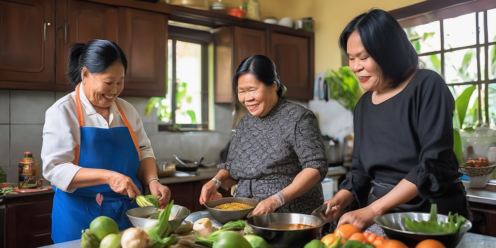 Filipinas and Thai women cooking together in a kitchen, showcasing culinary skills and care in a relationship