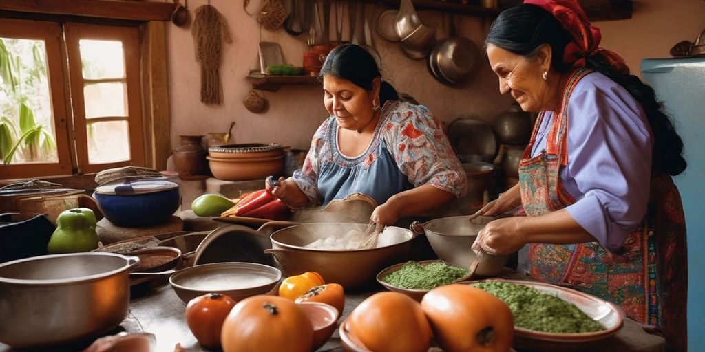 Mexican woman cooking in a traditional kitchen with family