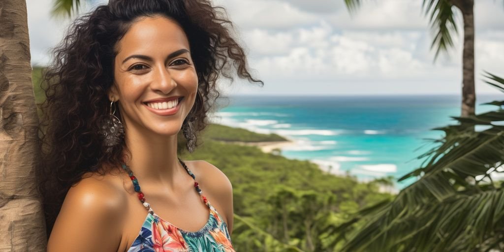 Puerto Rican woman smiling in a tropical setting
