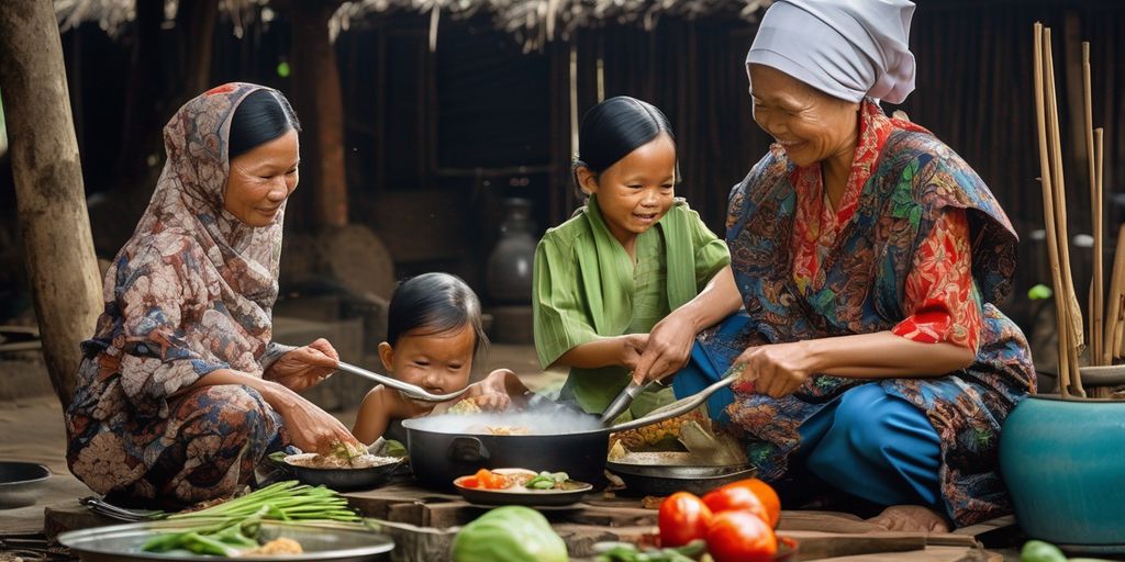 Indonesian woman cooking with family